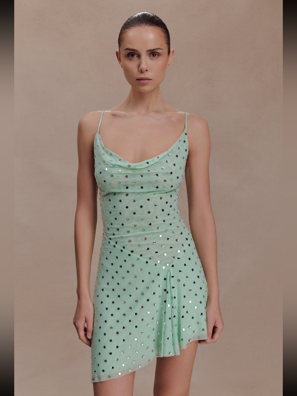 Meshki Zahra Diamanté Cowl Mini Dress Mint NWT Sz L
